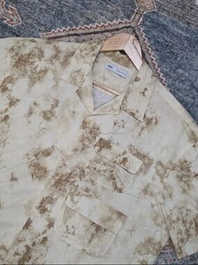 Zara Cream Short Sleeve Utility Shirt with Brown Accents